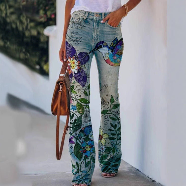 Womens 3D Patterned Flare Jeans - Artistic Printed High-Waisted Denim Trousers