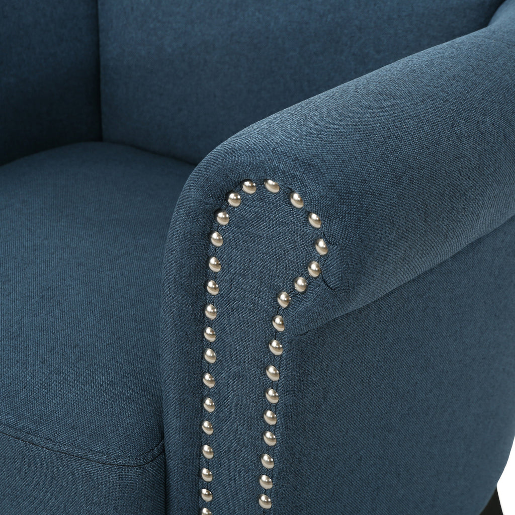 Elegant Navy Blue Fabric Club Chair with Nailhead Trim and Birch Wood Legs