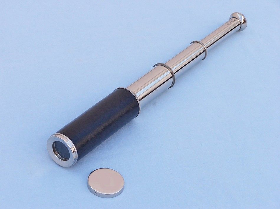 Deluxe Class Captain's Chrome - Leather Spyglass Telescope 14"" with Black Rosewood Box