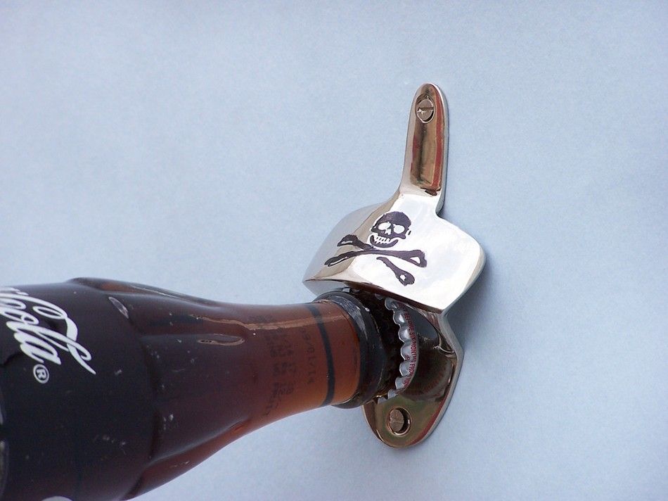 Chrome Pirate Skull and Crossbones Wall Mounted Bottle Opener 3.5""