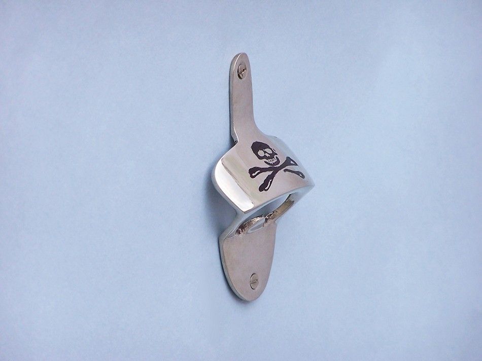 Chrome Pirate Skull and Crossbones Wall Mounted Bottle Opener 3.5""