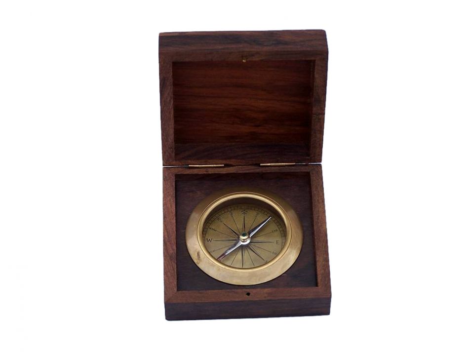 Antique Brass Captains Desk Compass with Rosewood Box 4""