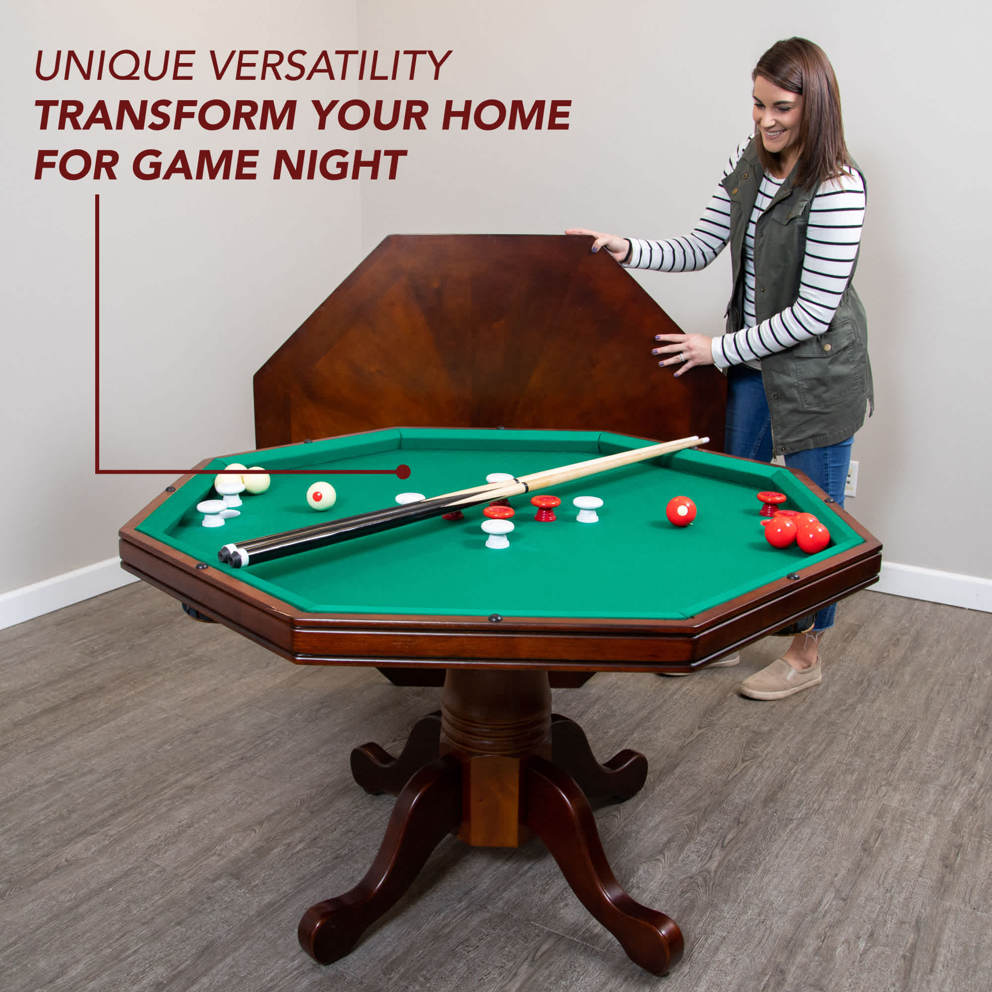 *PRE ORDER* 48-in Poker Table, Bumper Pool Combo Set with 4 Arm Chairs - Dark Wood Finish