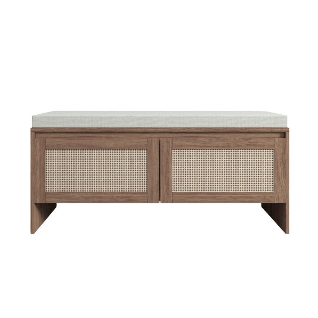 Storage Bench With Cushion, Shoe Cabinet With 2 Doors - Antique Natural / Rattan