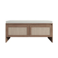 Storage Bench With Cushion, Shoe Cabinet With 2 Doors - Antique Natural / Rattan