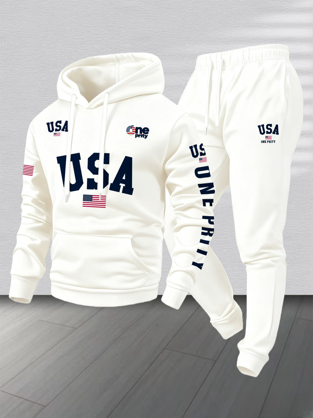 Men'S USA Flag Print Hoodie & Sweatpants Two-Piece Set - White with Red, White & Blue Design, Comfortable Warm Casual Streetwear Outfit, Regular Fit, Long Sleeve