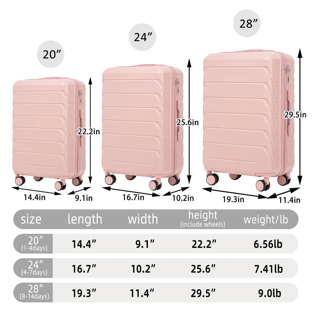 Set 3PCs 20'/24'/28' ABS Spinner Wheel Luggage - Pink