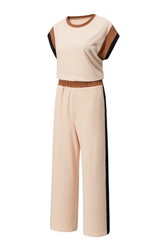 Colorblock Short Sleeve Top & Wide Leg Pants Set