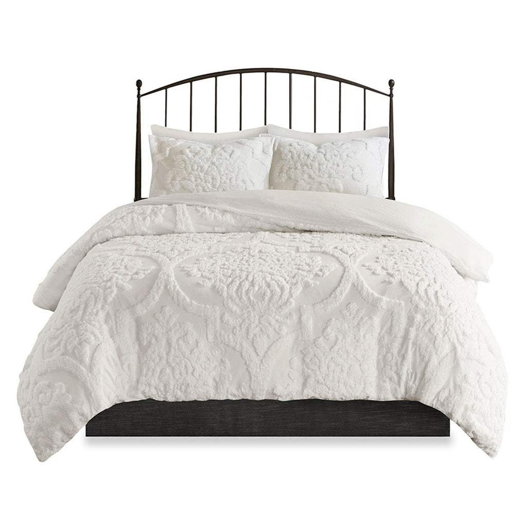 3 Piece Tufted Cotton Chenille Damask Comforter Set Off-White King/Cal King