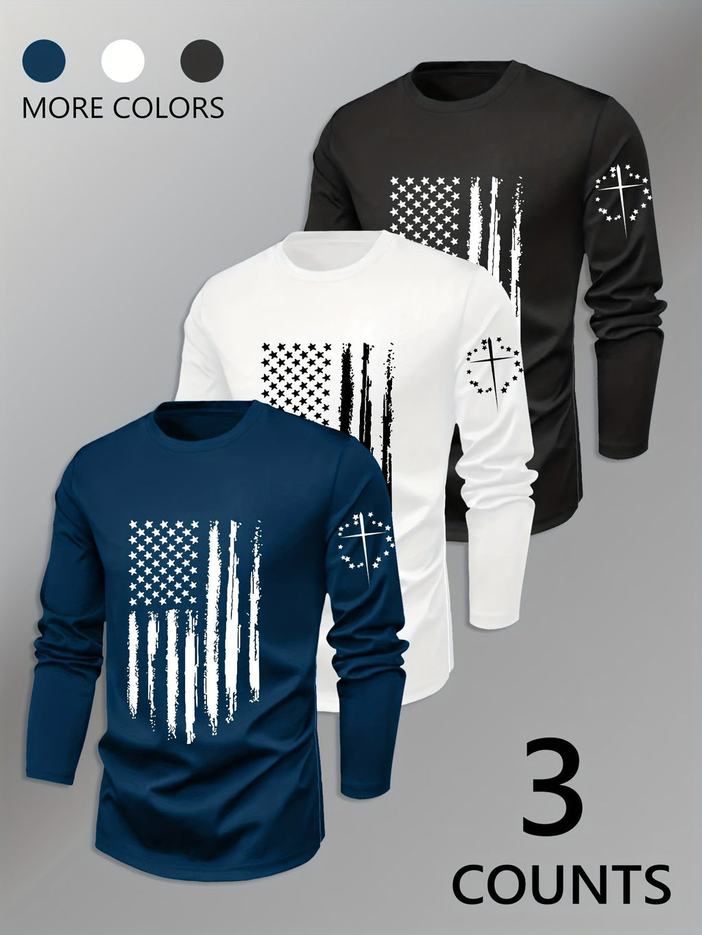 3pcs Men's Navy& Striped Long-Sleeve Tees: Crew Neck, Geometric Flag Pattern. Breathable Quick-Dry, Sweat-Absorbing, Durable Regular Fit. Classic Stylish Sportswear, Comfortable Basic Layer for Home/Daily Wear - Men's Versati