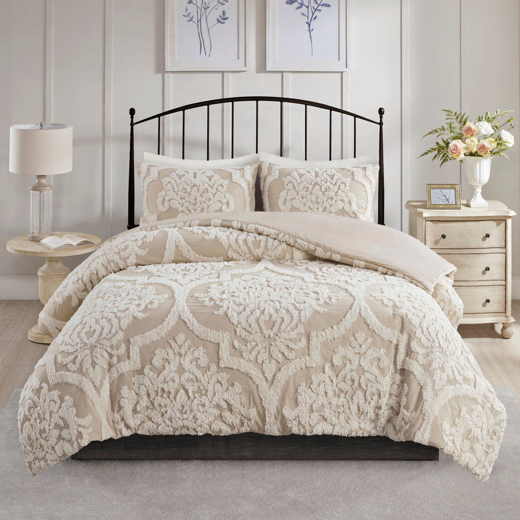3 Piece Tufted Cotton Chenille Damask Comforter Set Taupe King/Cal King