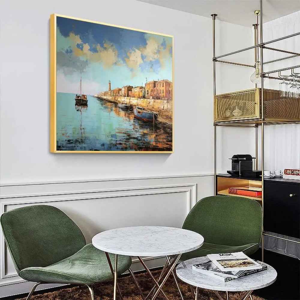 Landscape Oil Painting On Canvas Abstract Pier Scenery Wall Art Custom Boat Painting Bedroom Large Wall Decor Gift Painting