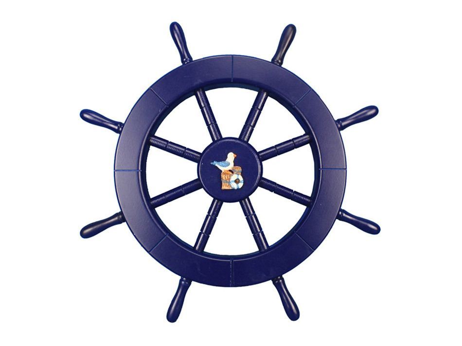 Dark Blue Decorative Ship Wheel with Seagull and Lifering 18""