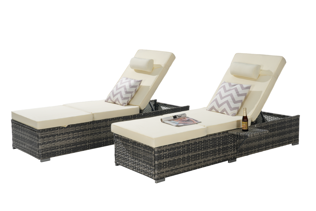 Outdoor Chaise Lounge Chair Set of 2 with Storage and Cushions