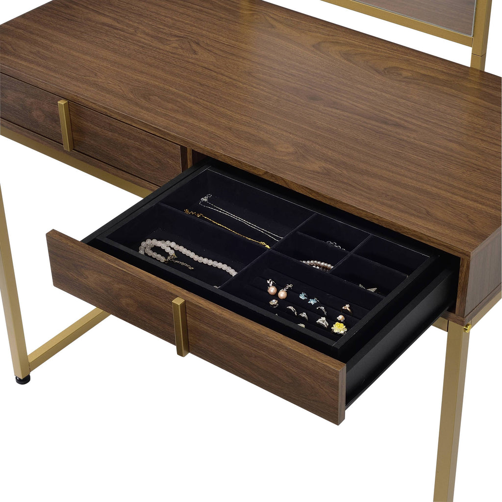 Coleen Walnut & Gold Finish Vanity Desk with Mirror & Jewelry Tray