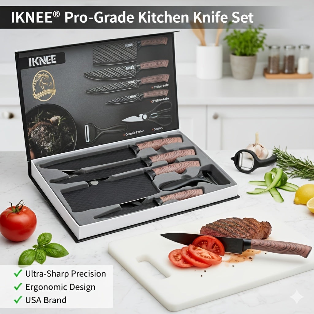 Professional 6pcs Kitchen Knife Set - Chef's Knife, Slicing Knife, Scraper, and Scissors - High Carbon Stainless Steel with Ultra-Sharp Blades, Non-Stick Ergonomic Wooden Handles - Ideal for Home, Travel, and Gift Box Set
