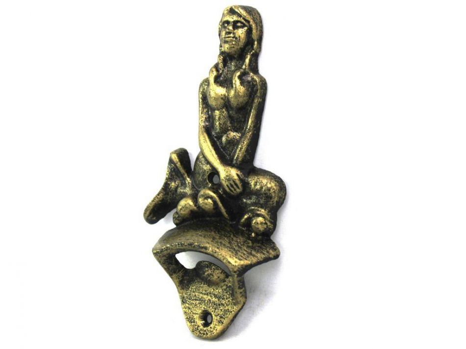 Antique Gold Cast Iron Wall Mounted Mermaid Bottle Opener 6""
