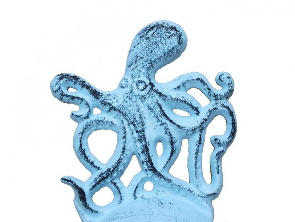 Dark Blue Whitewashed Cast Iron Wall Mounted Octopus Bottle Opener 6""
