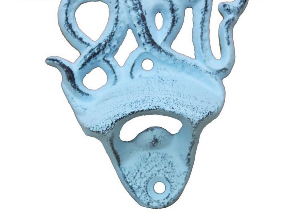 Dark Blue Whitewashed Cast Iron Wall Mounted Octopus Bottle Opener 6""