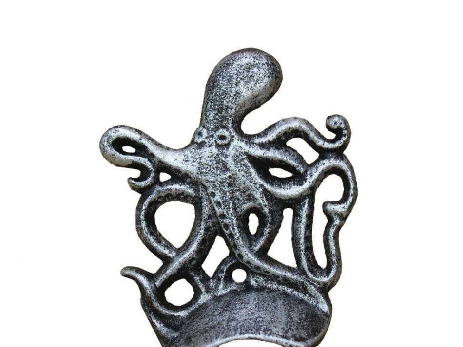 Antique Silver Cast Iron Wall Mounted Octopus Bottle Opener 6""