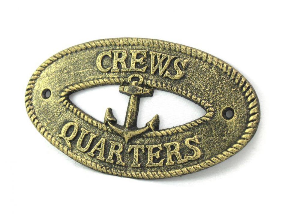 Antique Gold Cast Iron Crews Quarters with Anchor Sign 8""