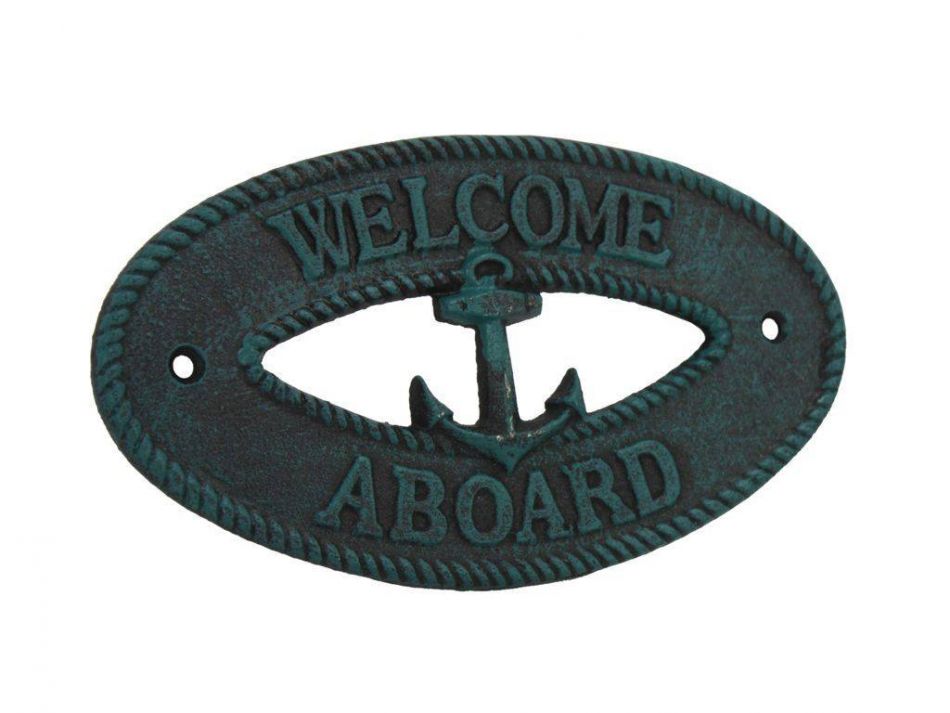 Seaworn Blue Cast Iron Welcome Aboard with Anchor Sign 8""