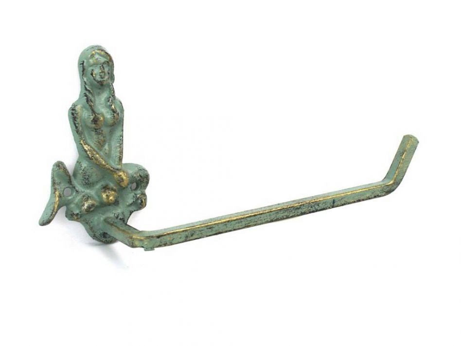 Antique Bronze Cast Iron Mermaid Toilet Paper Holder 10""