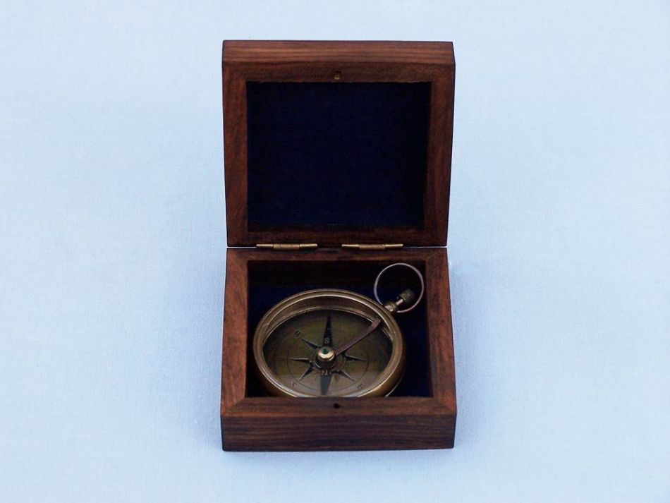 Antique Brass Beveled Lensatic Compass w/ Rosewood Box 4""
