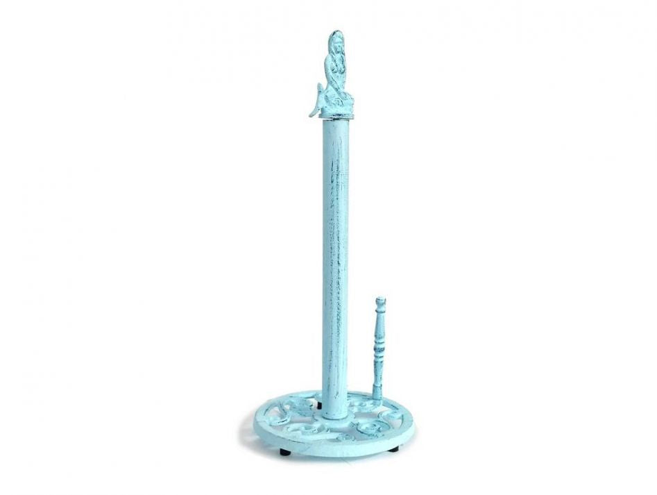 Rustic Dark Blue Whitewashed Cast Iron Mermaid Paper Towel Holder 16""