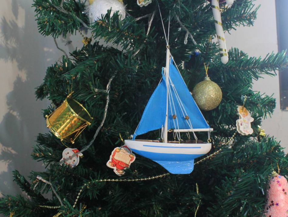 Wooden Light Blue Sailboat with Light Blue Sails Christmas Tree Ornament 9""