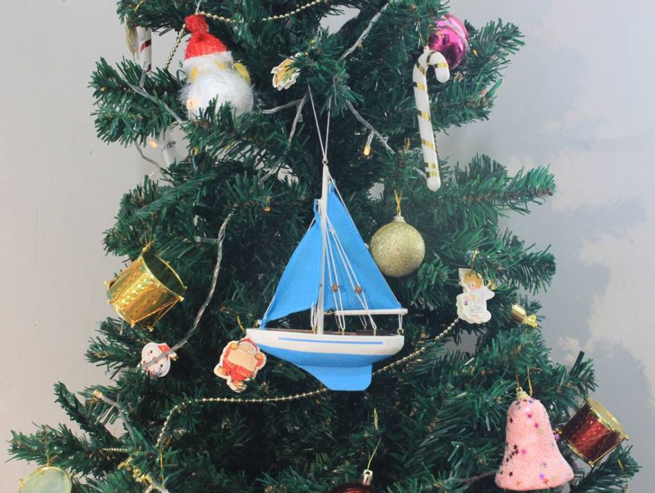 Wooden Light Blue Sailboat with Light Blue Sails Christmas Tree Ornament 9""
