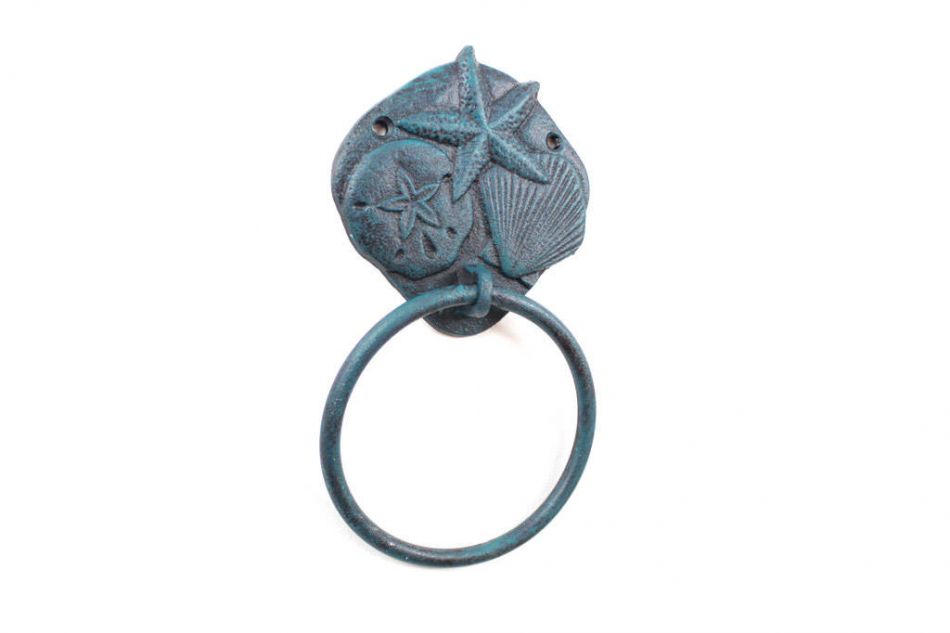 Seaworn Blue Cast Iron Shell Sand Dollar Starfish Towel Holder 8""
