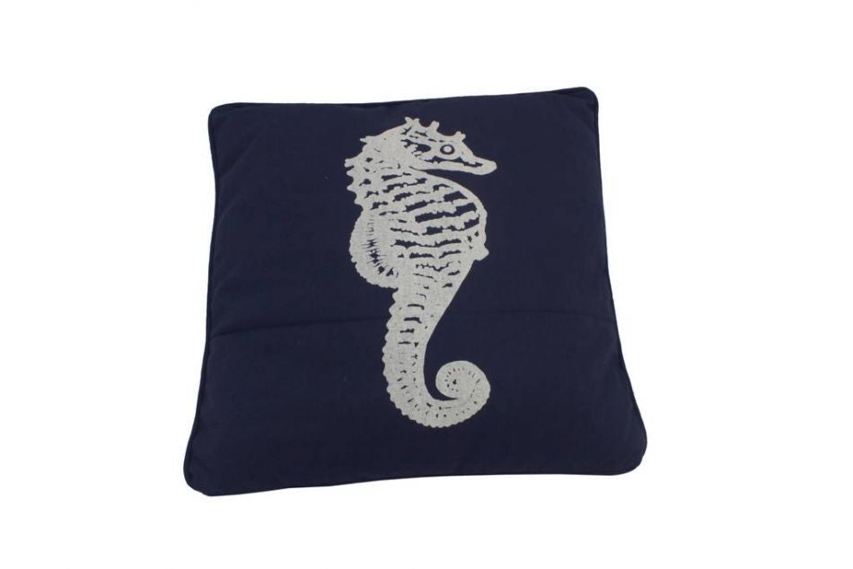 Navy Blue and White Seahorse Pillow 16""