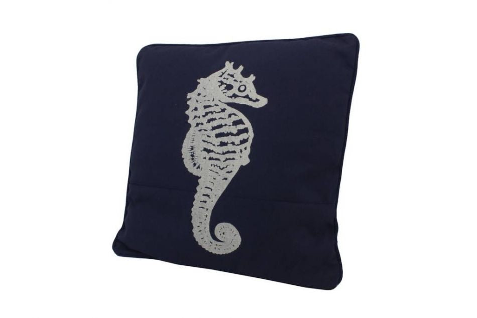 Navy Blue and White Seahorse Pillow 16""