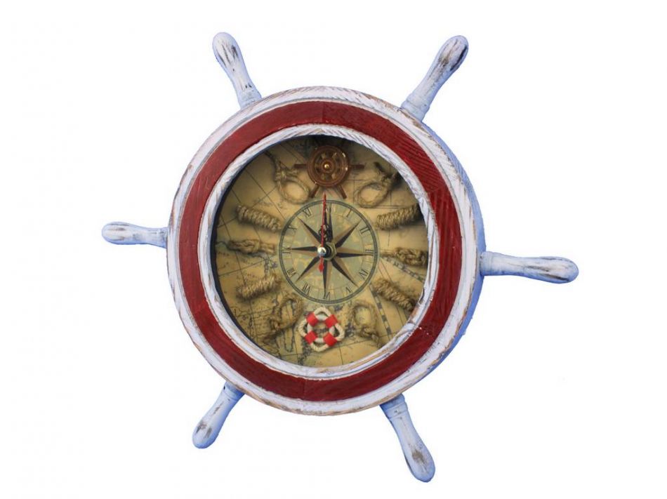 Wooden Rustic White and Red Ship Wheel Knot Faced Clock 12""