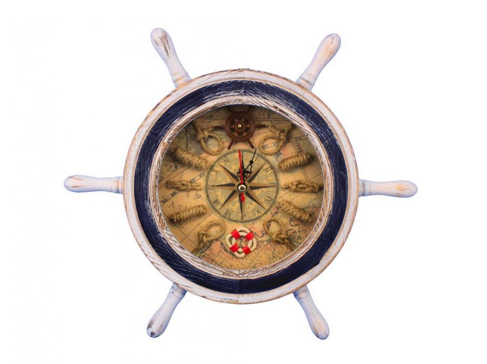 Wooden Rustic White Ship Wheel with Dark Blue Knot Faced Clock 12""