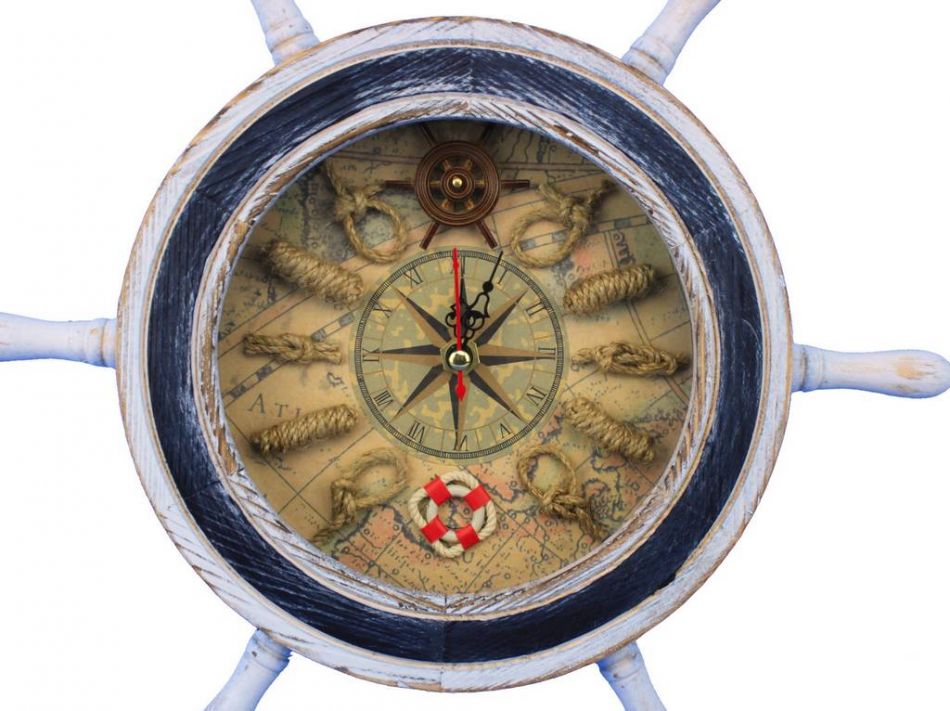 Wooden Rustic White Ship Wheel with Dark Blue Knot Faced Clock 12""