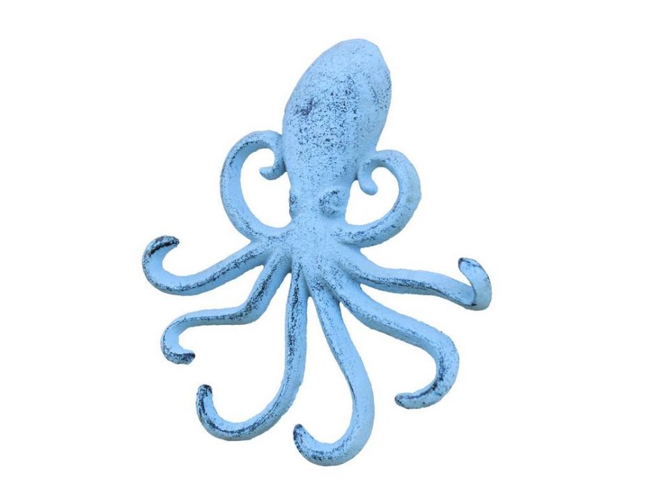 Rustic Dark Blue Whitewashed Cast Iron Wall Mounted Decorative Octopus Hooks 7"