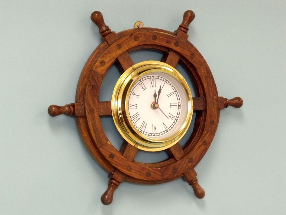 Deluxe Class Wood And Brass Ship Wheel Clock 12""
