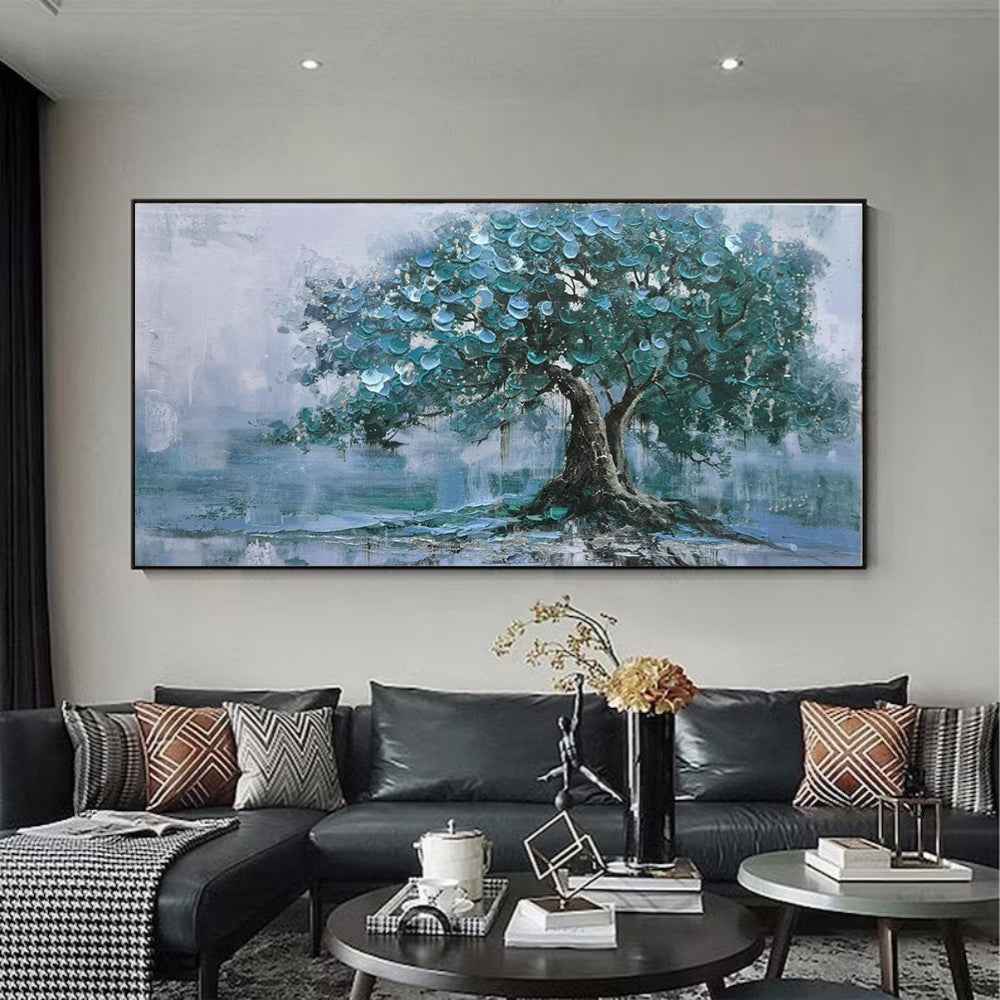 Large Handpainted Palette Knife Green Big Tree Oil Painting On Canvas Modern Abstract Landscape Art Poster Wall Pictures Home Decor