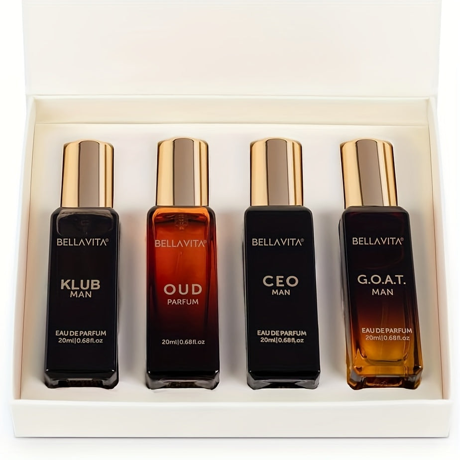 Bella Vita Luxury Long Lasting Perfume Gift Set for Man | 4x0.68oz | Gifts for Men | Woody, Citrusy, Oud, Premium Fragrance Scent | KLUB, OUD, CEO, G.O.A.T