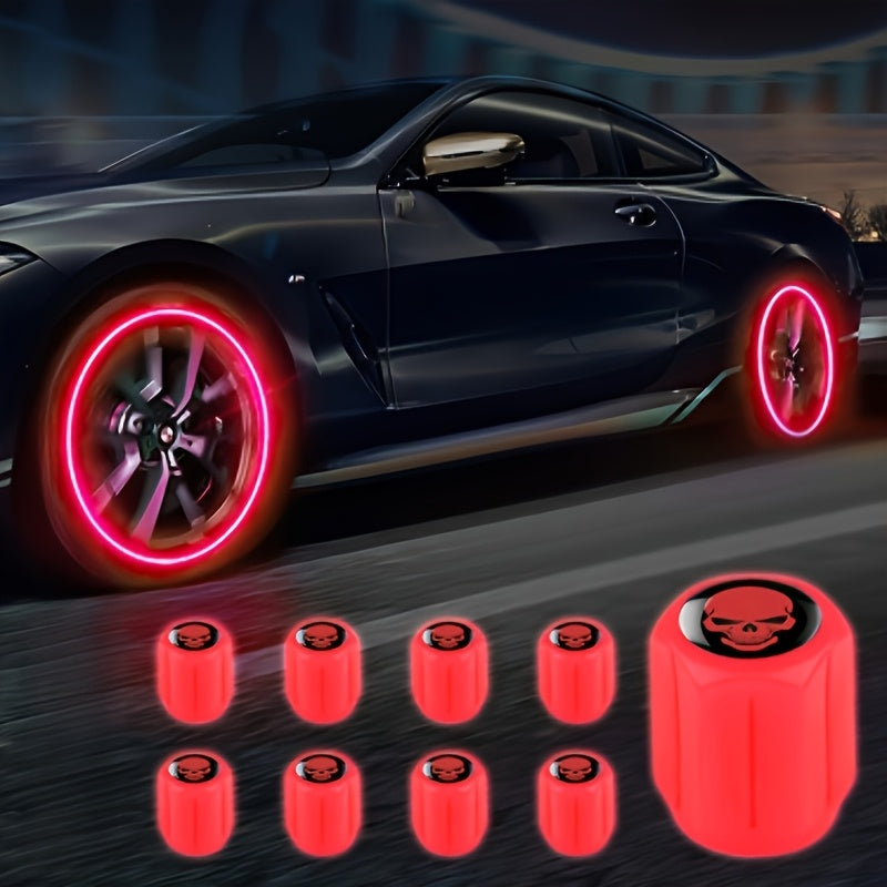 A Collection of Four Glowing Tire Valve Caps Designed to Stop Air from Escaping, Ideal for Vehicles Like Cars, Bikes, And Trucks, Adding a Fashionable Touch