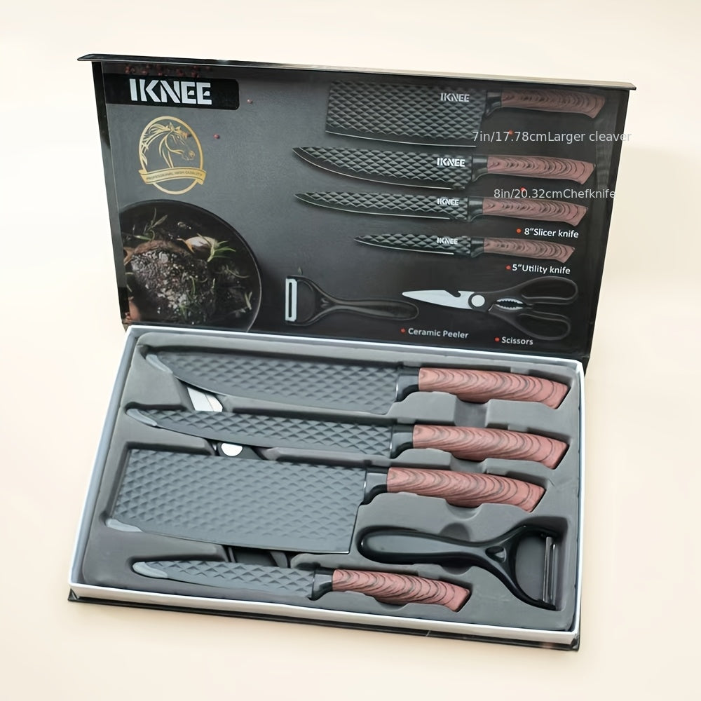 Professional 6pcs Kitchen Knife Set - Chef's Knife, Slicing Knife, Scraper, and Scissors - High Carbon Stainless Steel with Ultra-Sharp Blades, Non-Stick Ergonomic Wooden Handles - Ideal for Home, Travel, and Gift Box Set