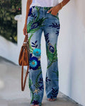 Womens 3D Patterned Flare Jeans - Artistic Printed High-Waisted Denim Trousers