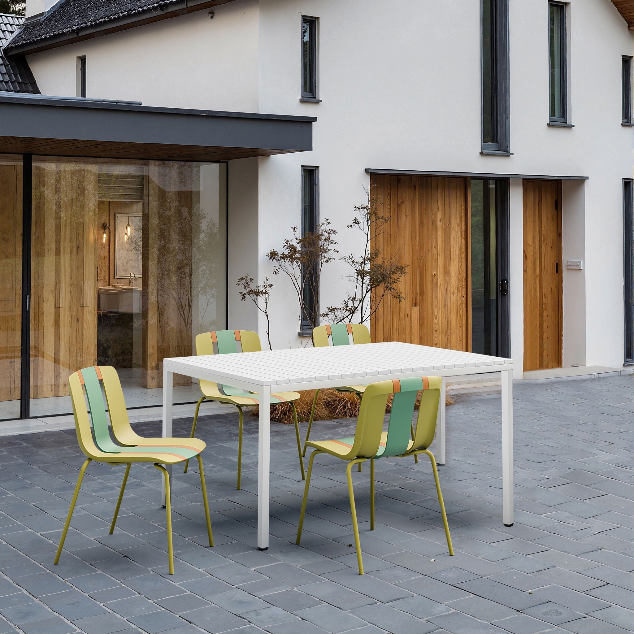 4 Piece Set of Modern Striped Color-Blocking Single Chairs with Long Table