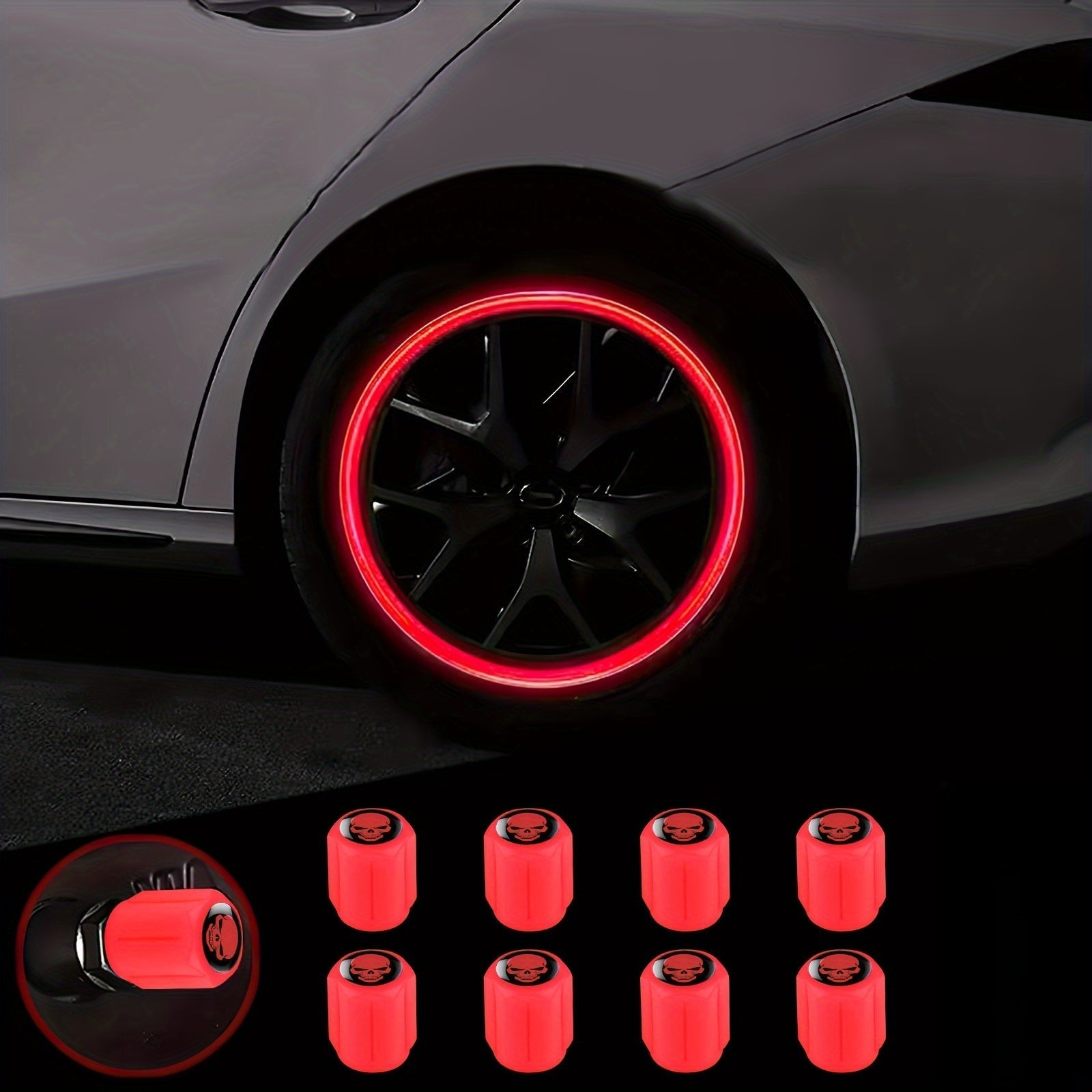 A Collection of Four Glowing Tire Valve Caps Designed to Stop Air from Escaping, Ideal for Vehicles Like Cars, Bikes, And Trucks, Adding a Fashionable Touch