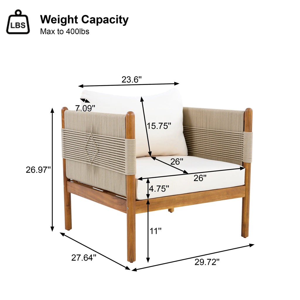 Outdoor Acacia Wood Club Chair with Diamond Rope Weave & Cushions, Teak Finish