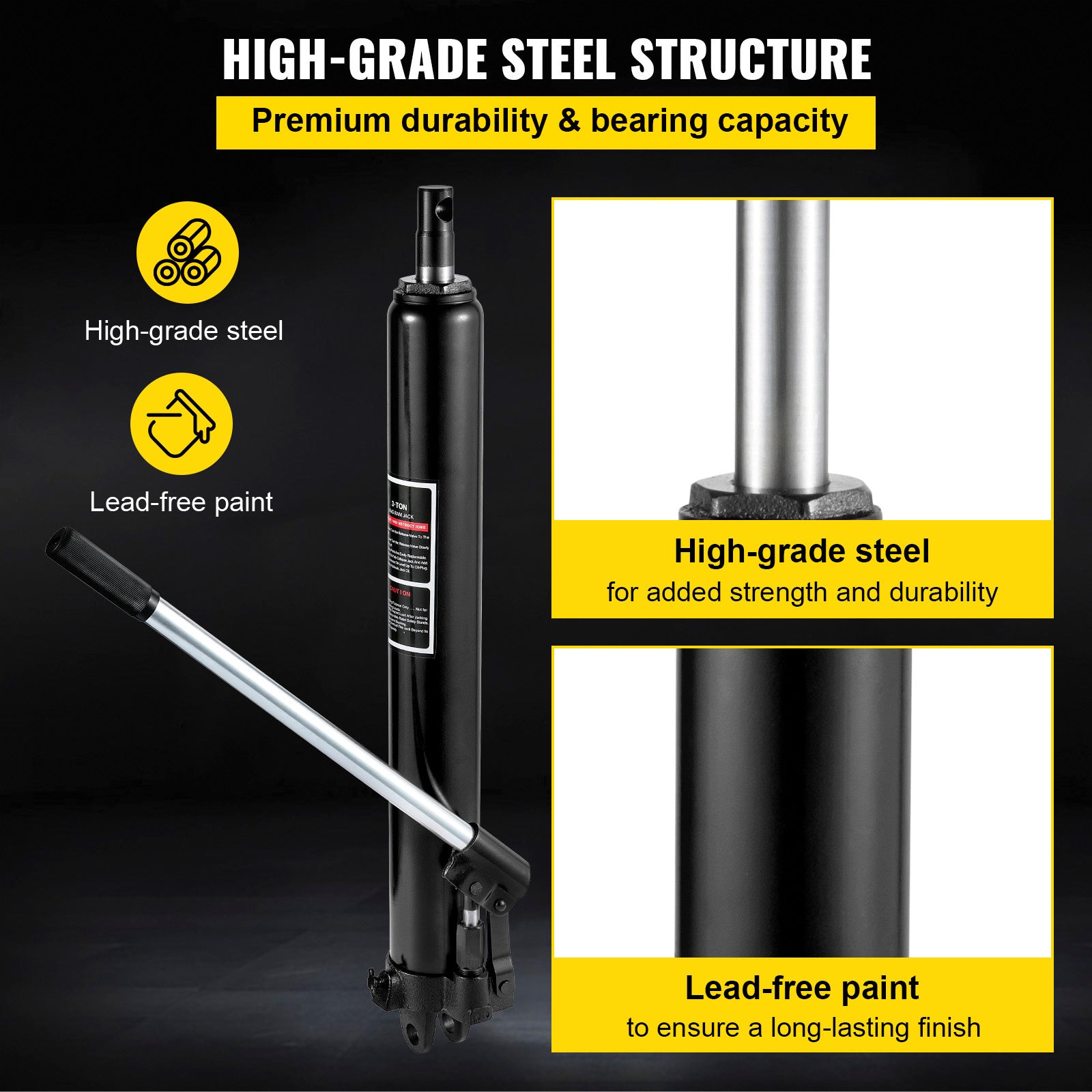 VEVOR Hydraulic Long Ram Jack, 3 Tons/6600 lbs Capacity, with Single Piston Pump and Clevis Base, Manual Cherry Picker with Handle, for Garage/Shop Cranes, Engine Lift Hoist, Black