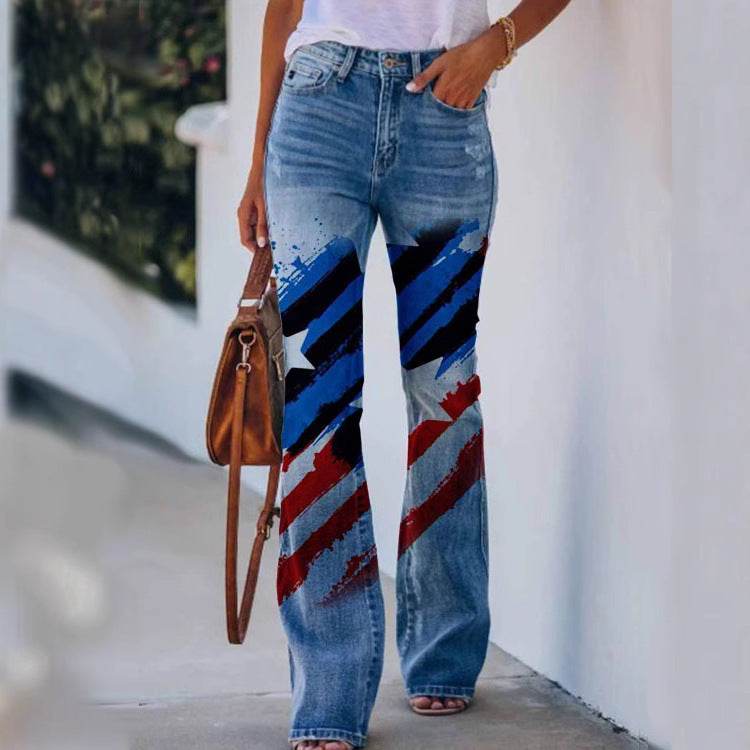 Womens 3D Patterned Flare Jeans - Artistic Printed High-Waisted Denim Trousers