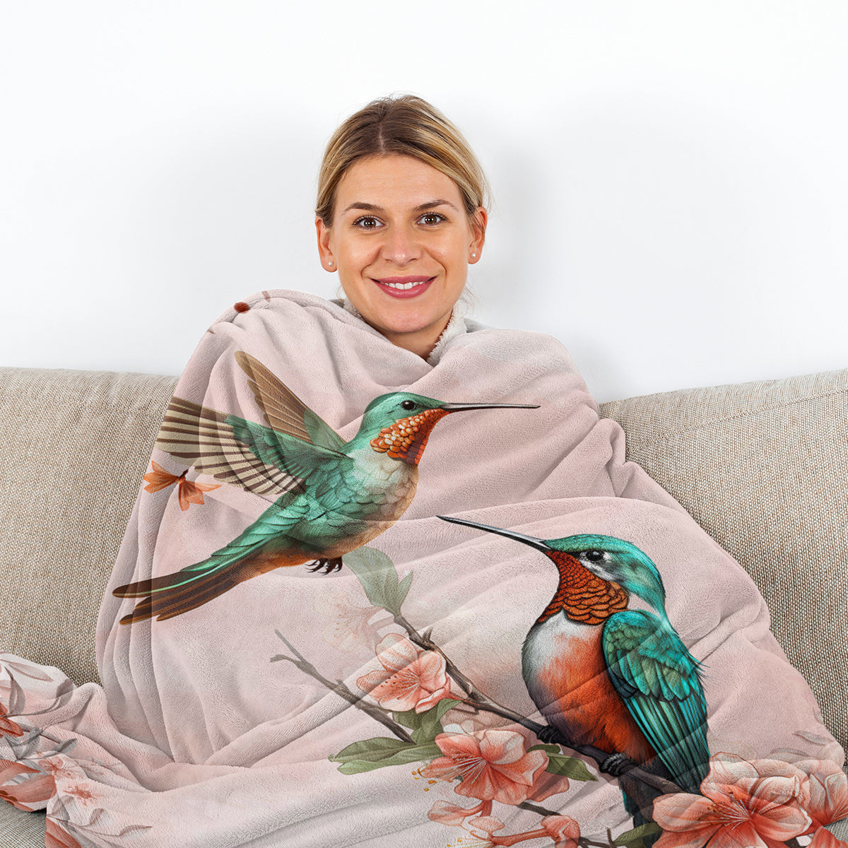 1pce Hummingbird Floral Fleece Throw Blanket Soft And Fluffy Multifunctional Outdoor Beach Camping Living Room Sofa Office Nap Printed Blanket